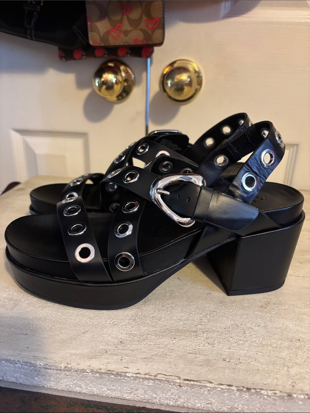 Aerosoles Black Platform Sandals with Silver Grommet Straps